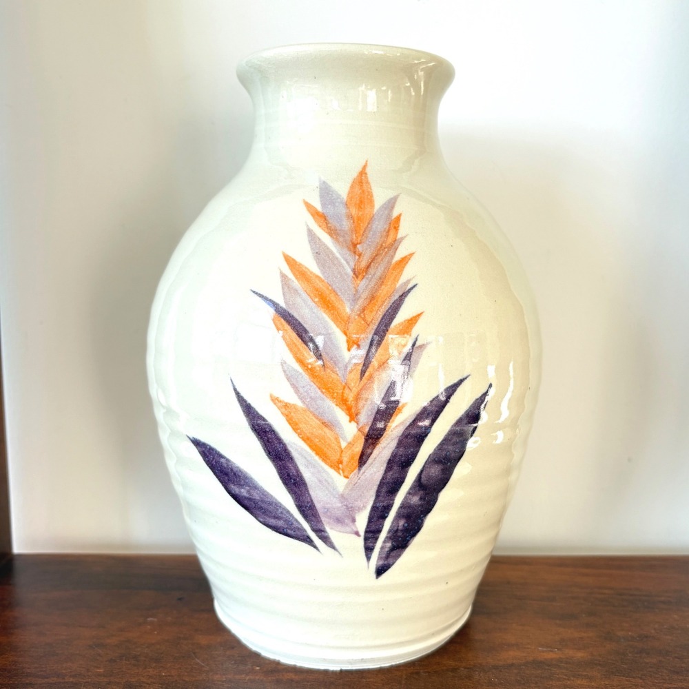 Hand Painted Tropical Floral Ceramic Pottery Vase Cream Orange Purple 9 Inch